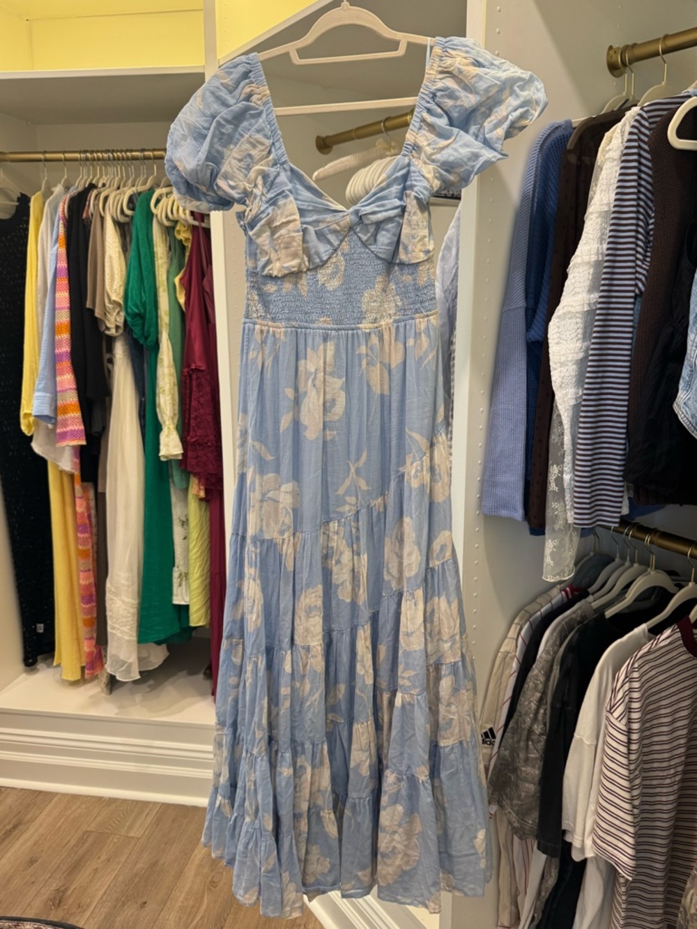 Free People Light Blue & White Floral Puff-Sleeve Maxi Dress